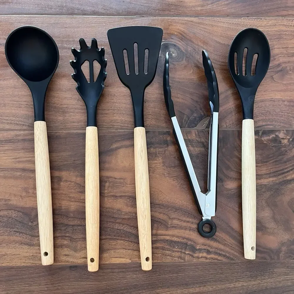 5-Piece Kitchen Utensils Set Non-Stick Silicone With Wood Handles